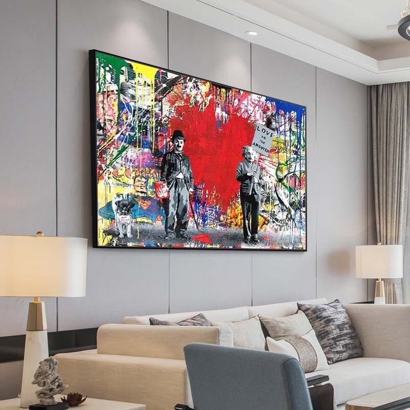 Banksy Love is the Answer Wall Art - Charlie and Einstein - Modern Canvas Print-ChandeliersDecor.com