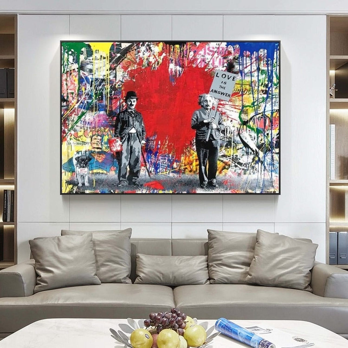 Banksy Love is the Answer Wall Art - Charlie and Einstein - Modern Canvas Print-ChandeliersDecor.com