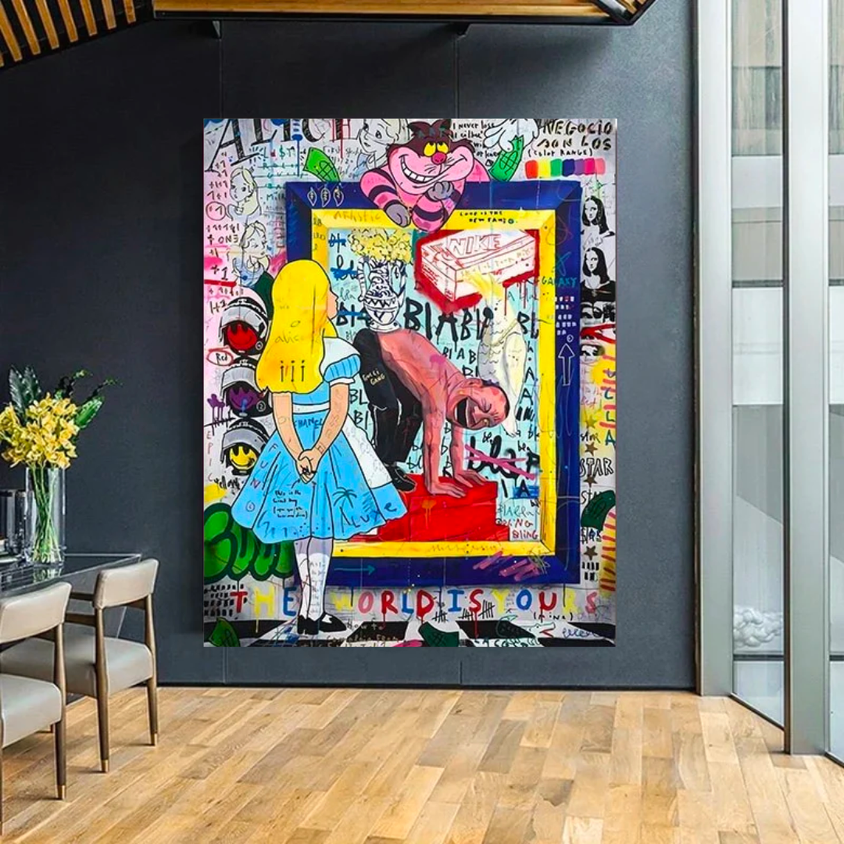 Banksy Wonderland Mirror Canvas Wall Art with Graffiti - Unique Home Decor-ChandeliersDecor.com