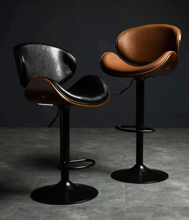 Banqueta Leather Bar Stool width Oak Wood Base-ChandeliersDecor.com