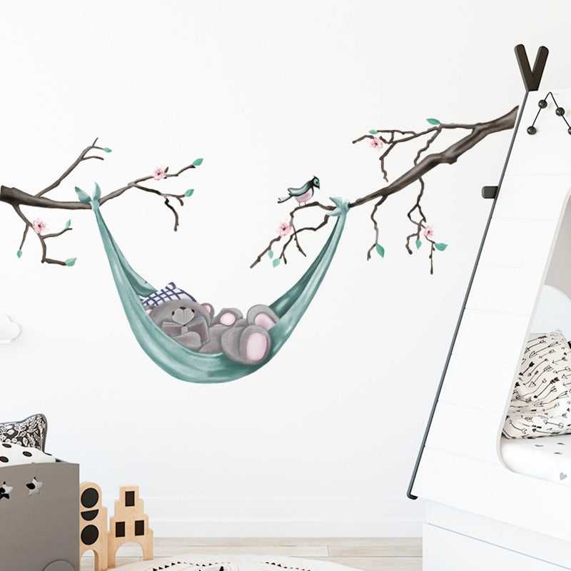 ChandeliersDecor.com-Home Decor Decals-Bear Reading Book on Hammock Wall Stickers - Decal for Book Lovers
