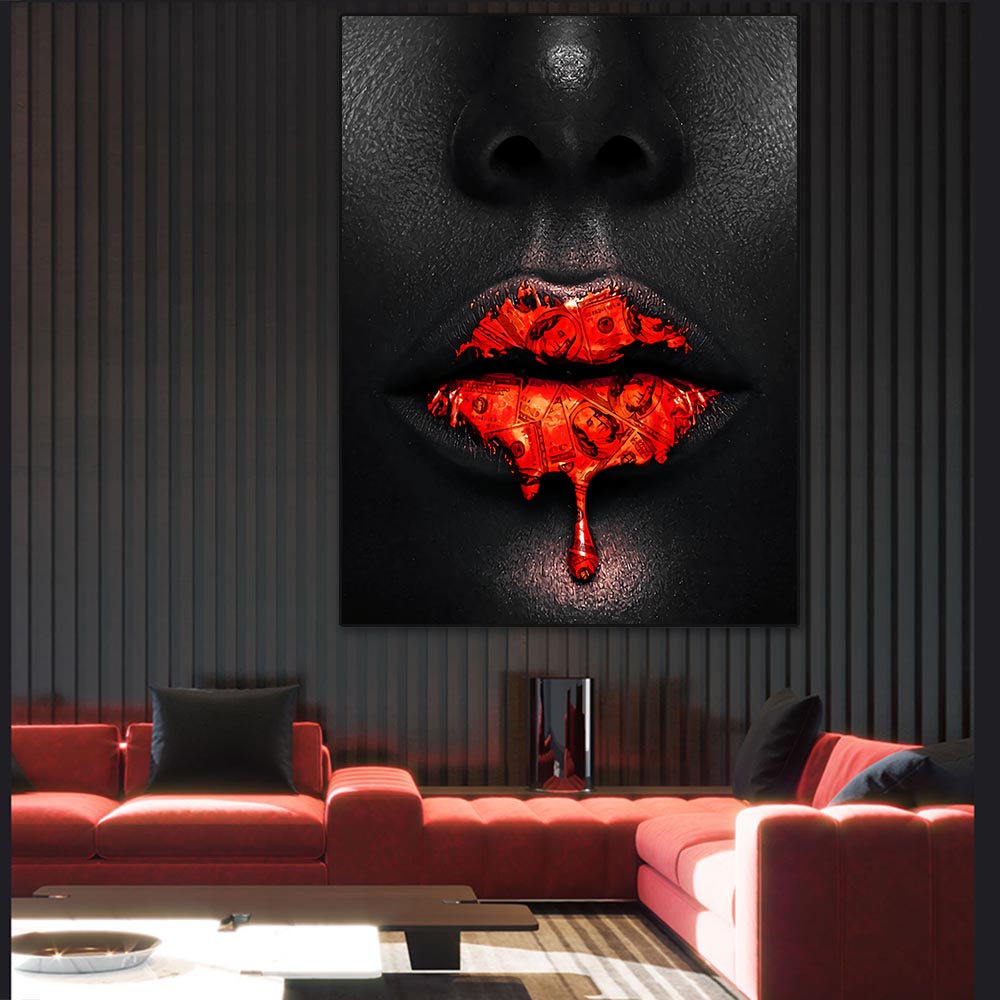 ChandeliersDecor.com-Wall Posters-Black Women Red Lips Art - Dripping & Seductive