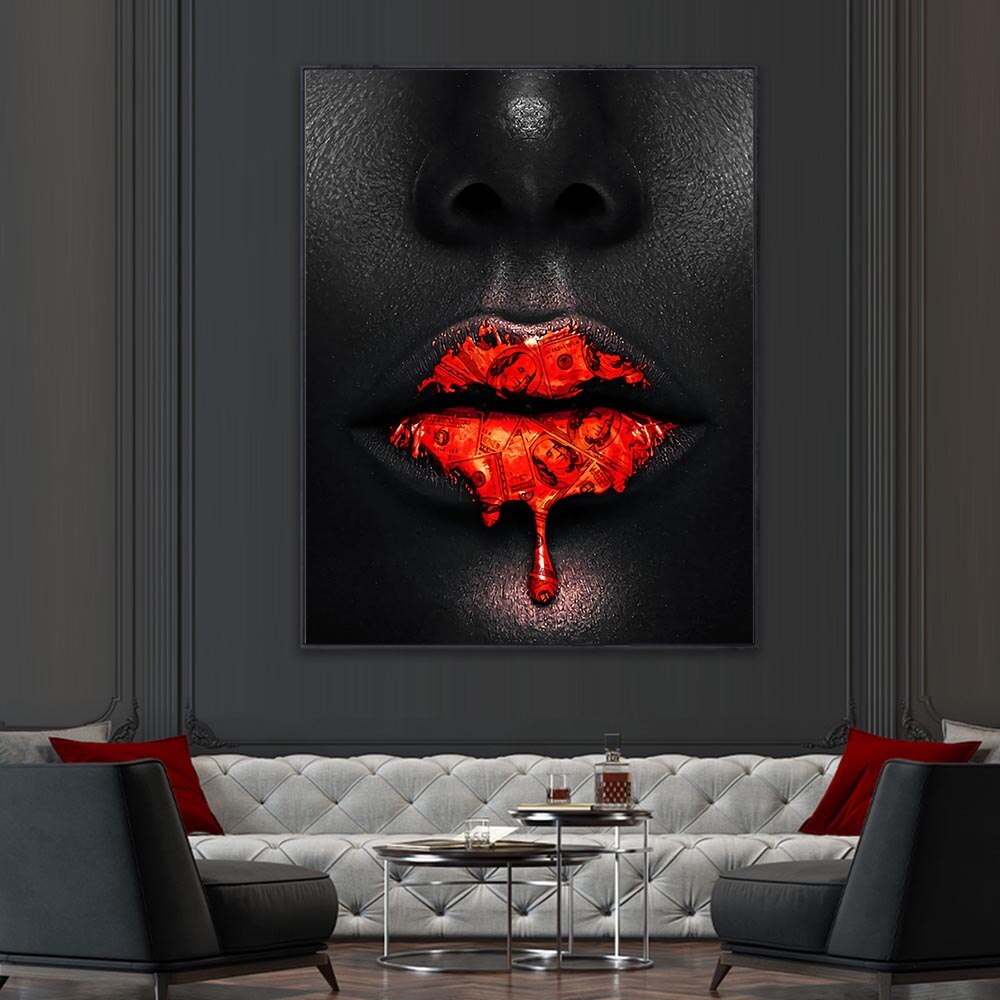 ChandeliersDecor.com-Wall Posters-Black Women Red Lips Art - Dripping & Seductive
