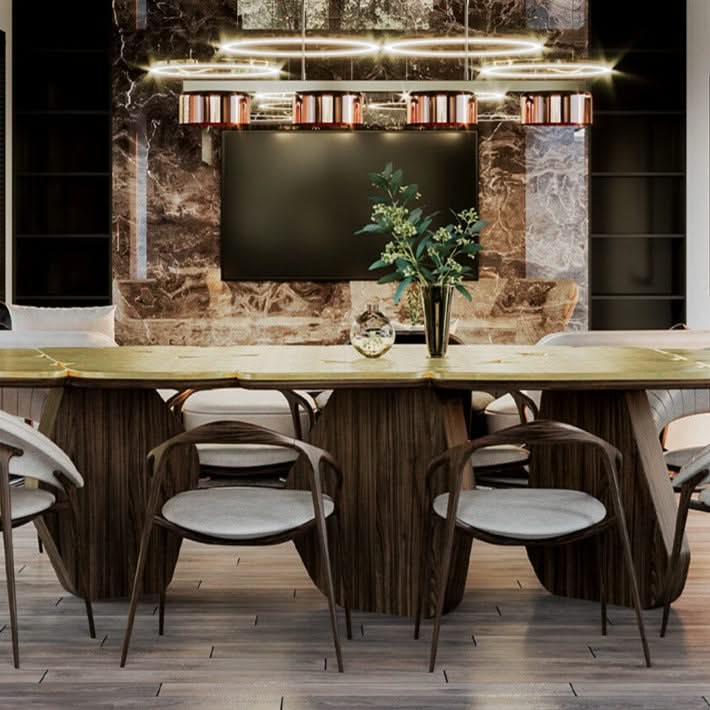Brass Wallnut Wood Designer Dining Table-ChandeliersDecor.com