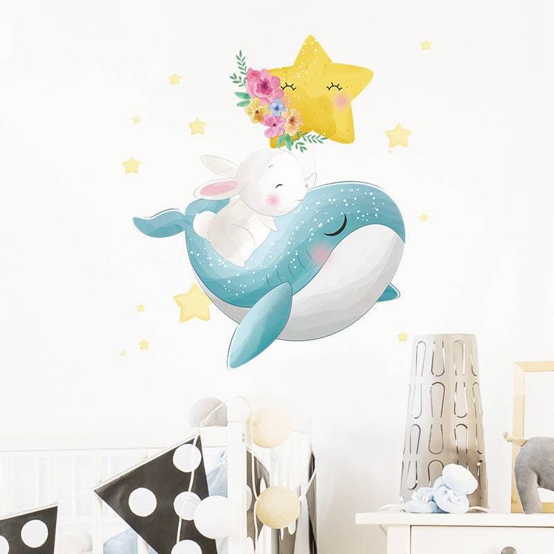 ChandeliersDecor.com-Home Decor Decals-Bunny Rabbit on Whale Wall Decal: Nursery Decor