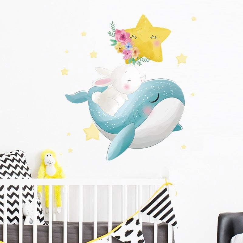 ChandeliersDecor.com-Home Decor Decals-Bunny Rabbit on Whale Wall Decal: Nursery Decor