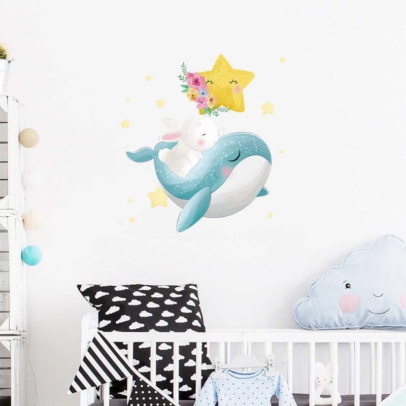 ChandeliersDecor.com-Home Decor Decals-Bunny Rabbit on Whale Wall Decal: Nursery Decor