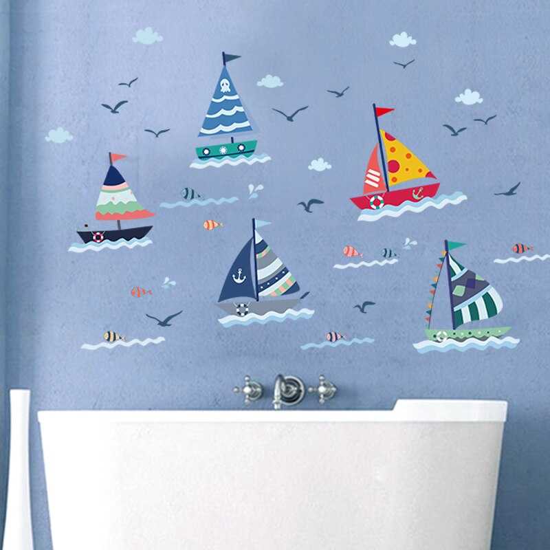 ChandeliersDecor.com-Kids Room Nursery Decals-Cartoon Sailboat With Sea View Wall Sticker For Kids Room