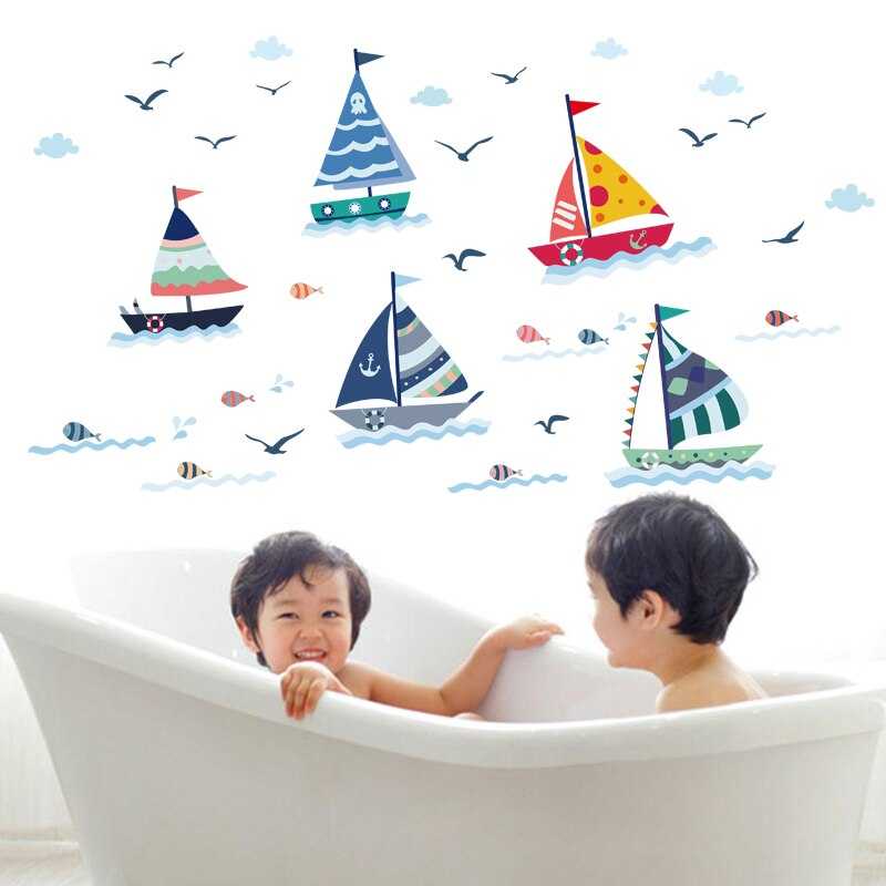 ChandeliersDecor.com-Kids Room Nursery Decals-Cartoon Sailboat With Sea View Wall Sticker For Kids Room