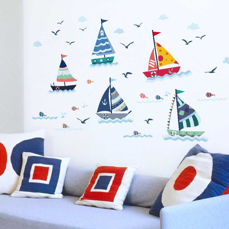 ChandeliersDecor.com-Kids Room Nursery Decals-Cartoon Sailboat With Sea View Wall Sticker For Kids Room
