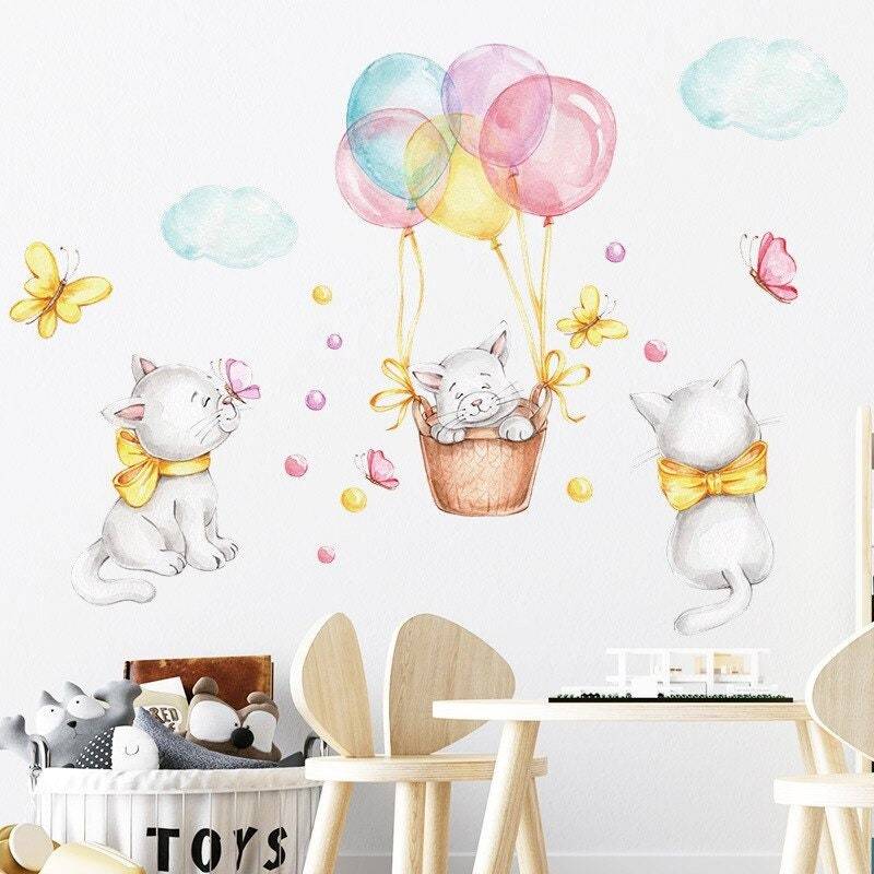 ChandeliersDecor.com-Home Decor Decals-Cat Kitty Hanging Balloon Wall Decals - Nursery Set