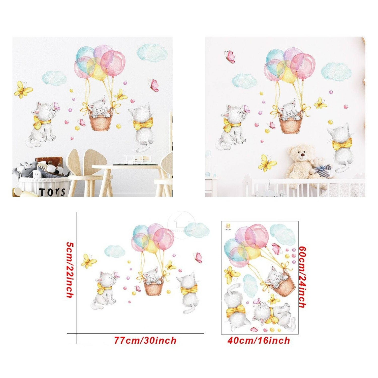 ChandeliersDecor.com-Home Decor Decals-Cat Kitty Hanging Balloon Wall Decals - Nursery Set