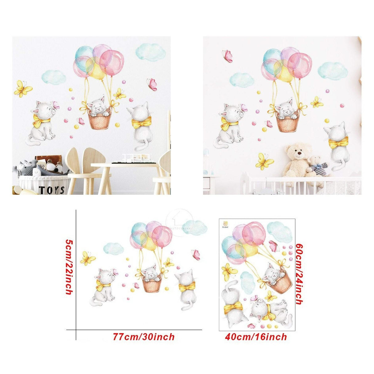 ChandeliersDecor.com-Home Decor Decals-Cat Kitty Hanging Balloon Wall Decals - Nursery Set