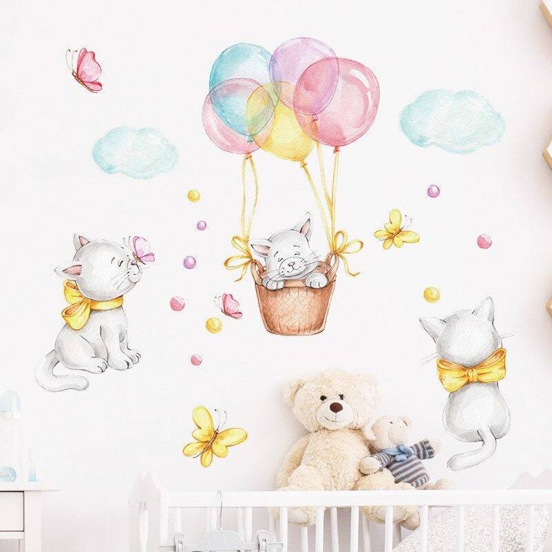 ChandeliersDecor.com-Home Decor Decals-Cat Kitty Hanging Balloon Wall Decals - Nursery Set