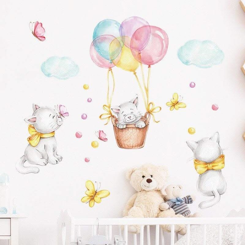 ChandeliersDecor.com-Home Decor Decals-Cat Kitty Hanging Balloon Wall Decals - Nursery Set