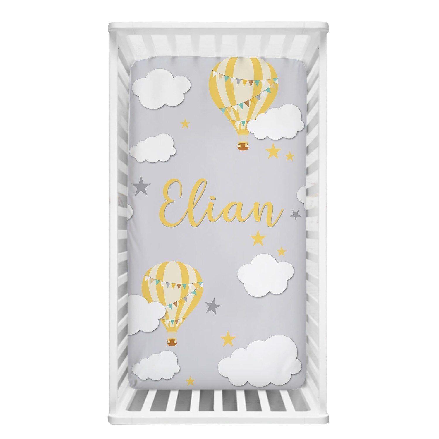 ChandeliersDecor.com-Crib Bedding-Cloud and Hot Air Balloon Baby Name Crib Bedding Set | Baby Shower Gift Bedding Set