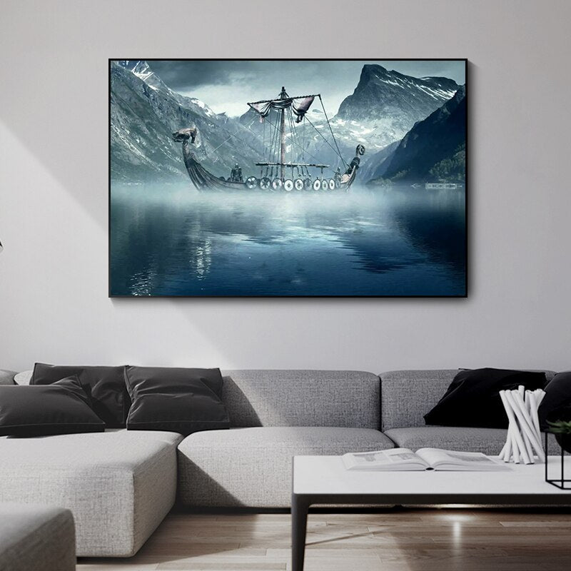 ChandeliersDecor.com-Wall Posters-Cold North Sea Viking Long Ship Canvas Wall Art