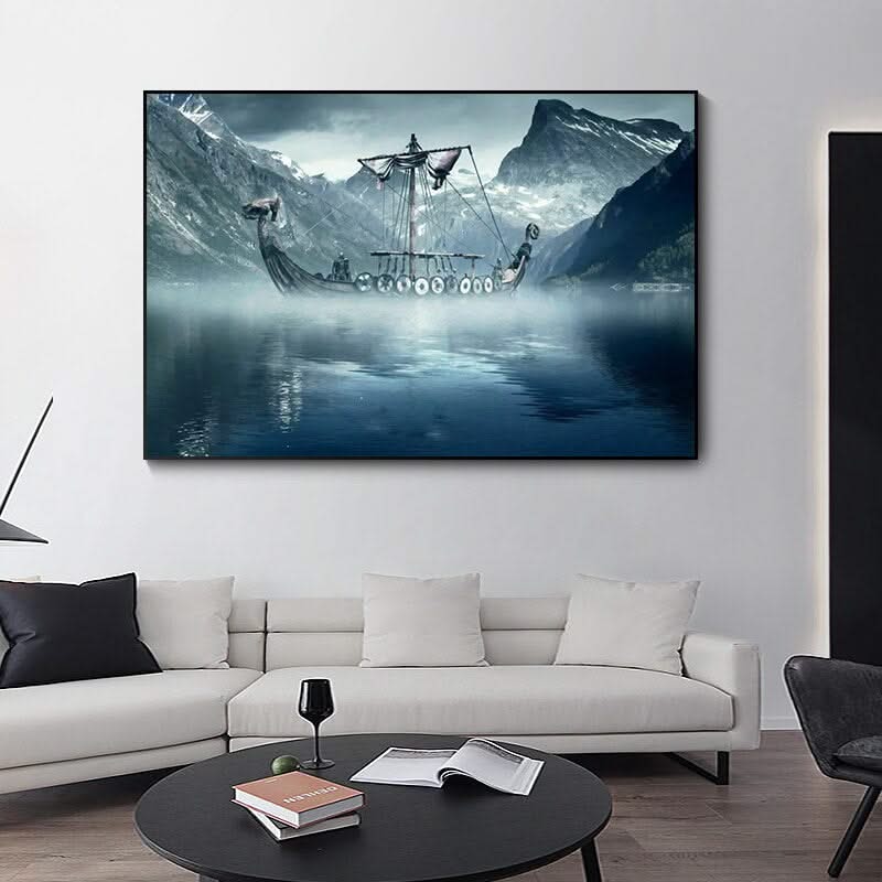 Cold North Sea Viking Long Ship Canvas Wall Art-ChandeliersDecor.com