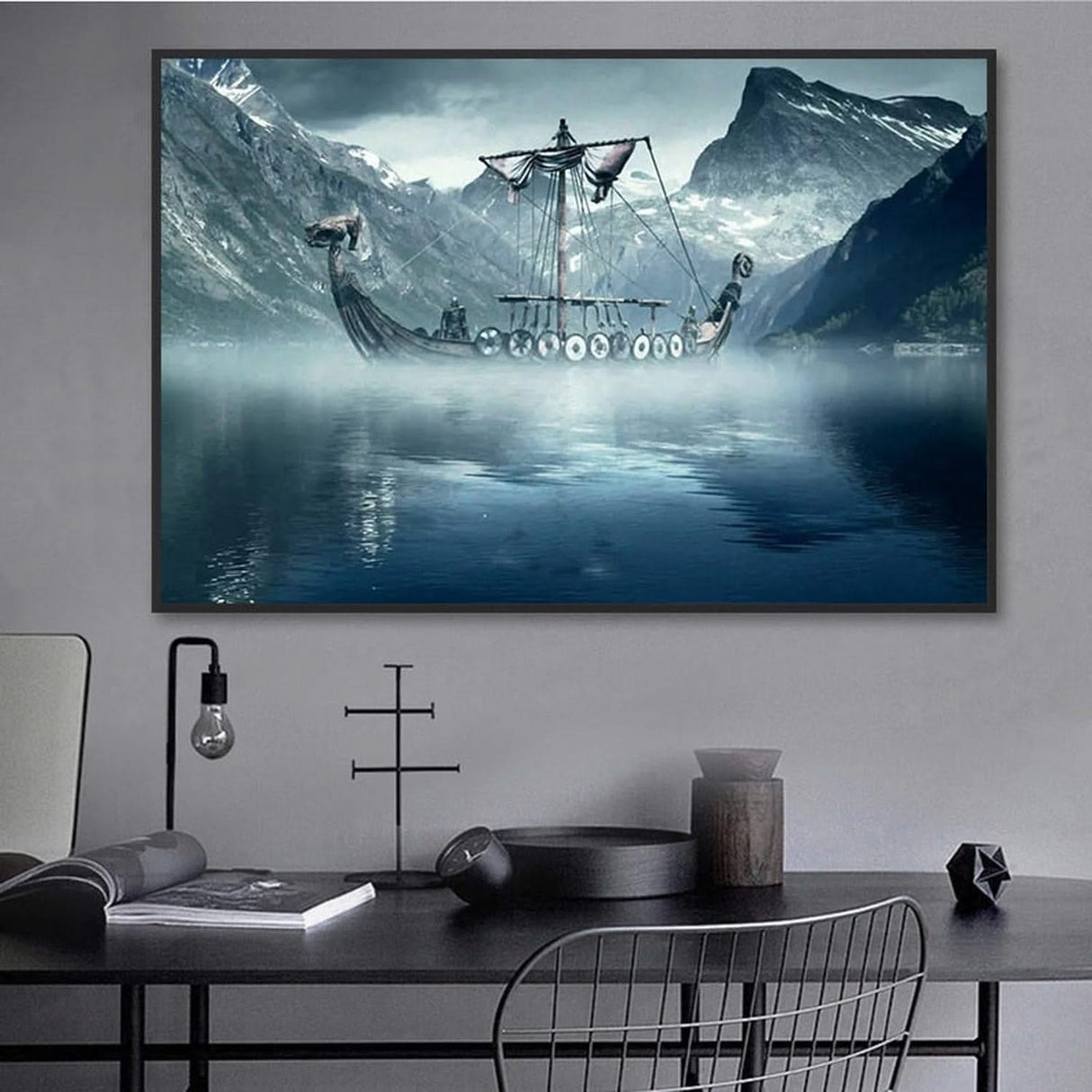 Cold North Sea Viking Long Ship Canvas Wall Art-ChandeliersDecor.com