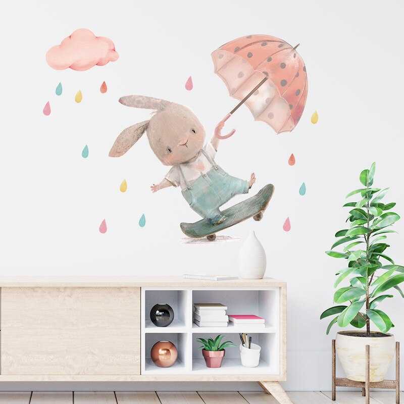 ChandeliersDecor.com-Kids Room Nursery Decals-Cute Bunny Boy on Skateboard with Umbrella Wall Stickers