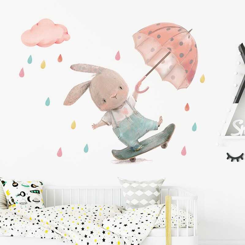 ChandeliersDecor.com-Kids Room Nursery Decals-Cute Bunny Boy on Skateboard with Umbrella Wall Stickers