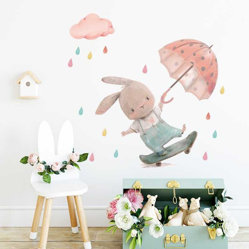 ChandeliersDecor.com-Kids Room Nursery Decals-Cute Bunny Boy on Skateboard with Umbrella Wall Stickers