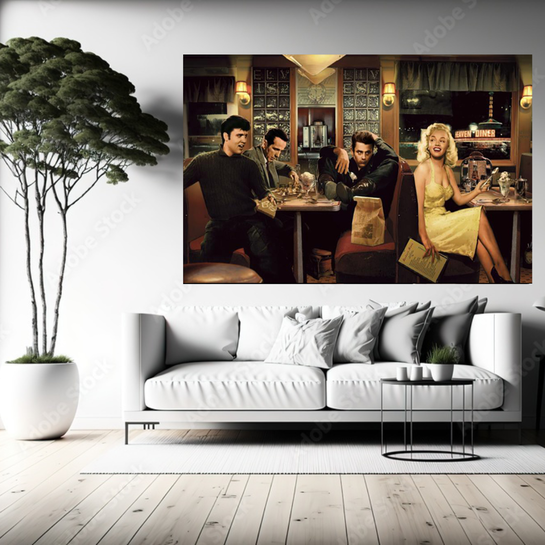 Find Marilyn Poster: James Dean, Elvis at the Diner-ChandeliersDecor.com