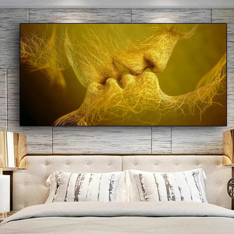 ChandeliersDecor.com-Wall Posters-Golden And Black Love Kiss Lips Canvas Wall Art