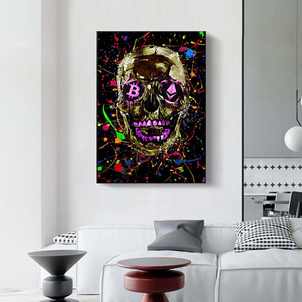 ChandeliersDecor.com-Wall Posters-Graffiti Colourful Skulls with Crown Canvas Wall Art