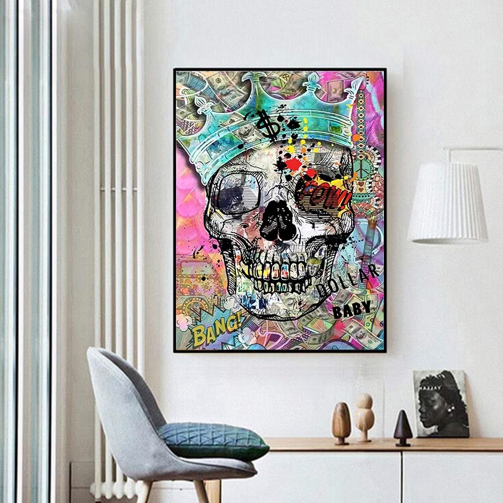 Graffiti Colourful Skulls with Crown Canvas Wall Art-ChandeliersDecor.com