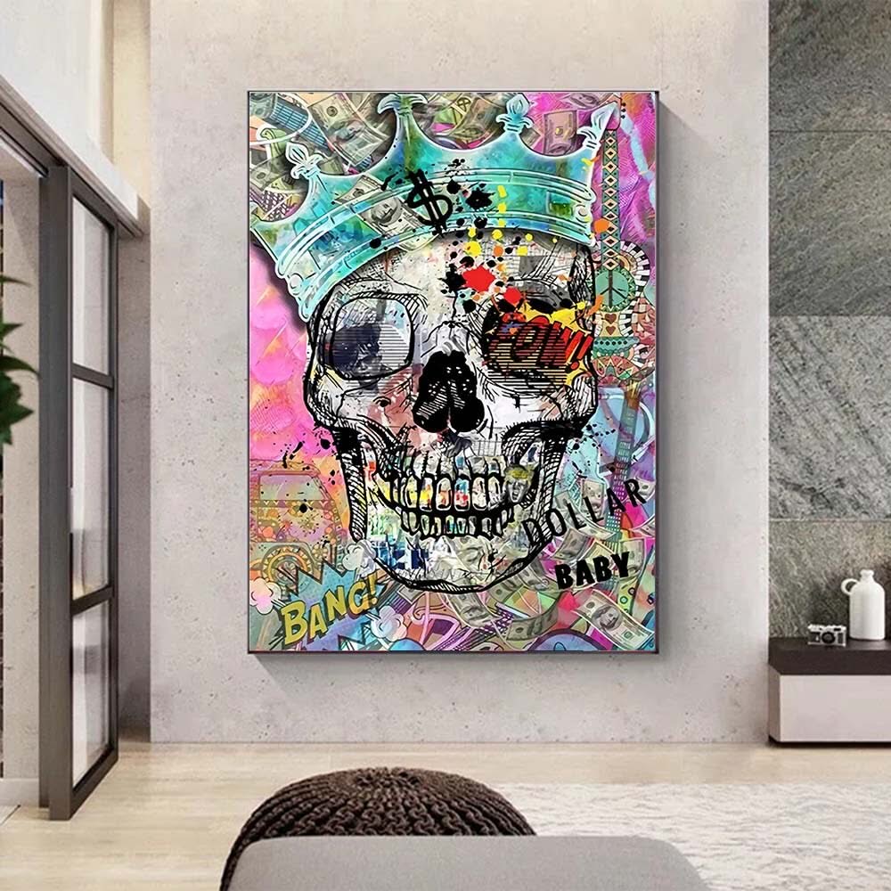 Graffiti Colourful Skulls with Crown Canvas Wall Art-ChandeliersDecor.com