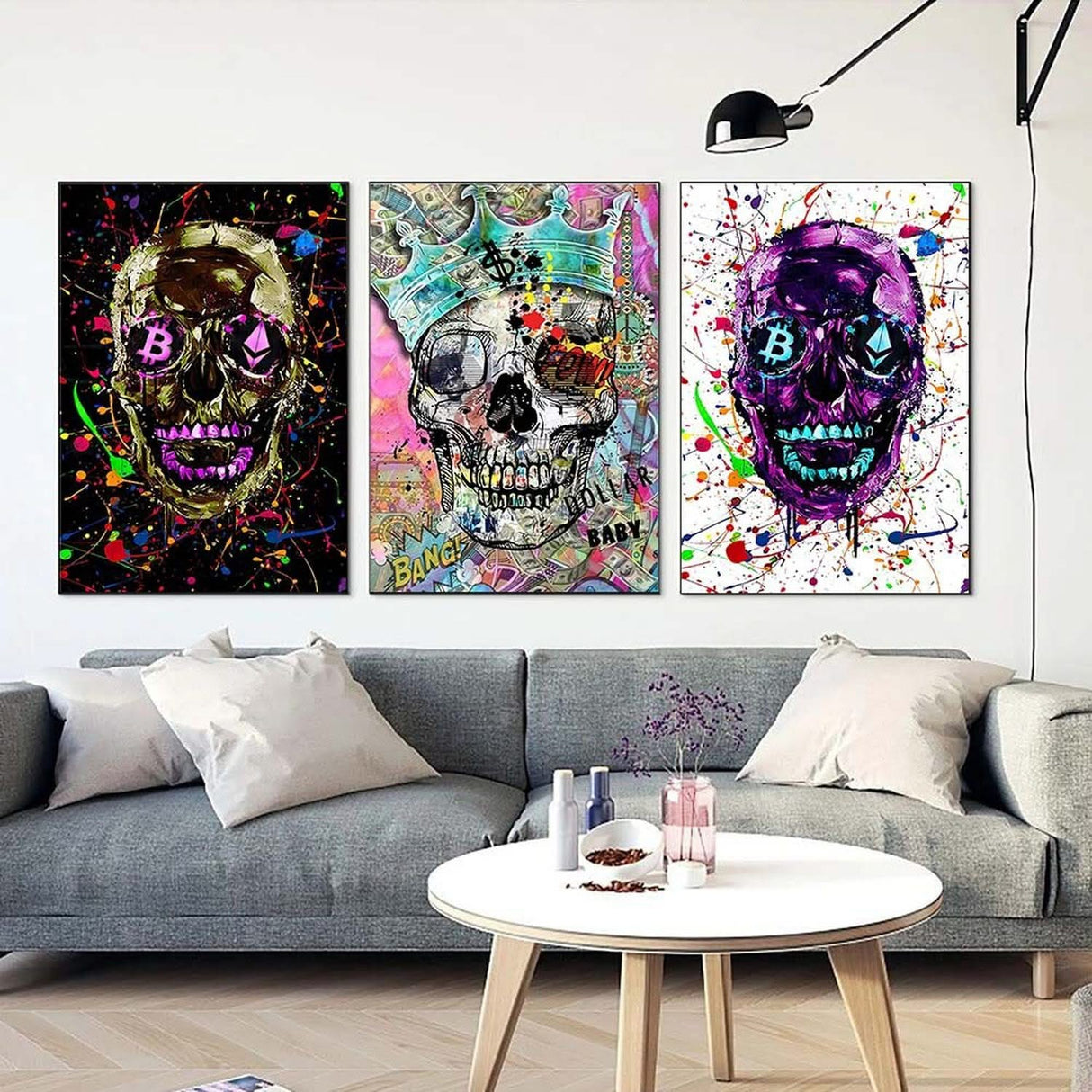 Graffiti Colourful Skulls with Crown Canvas Wall Art-ChandeliersDecor.com