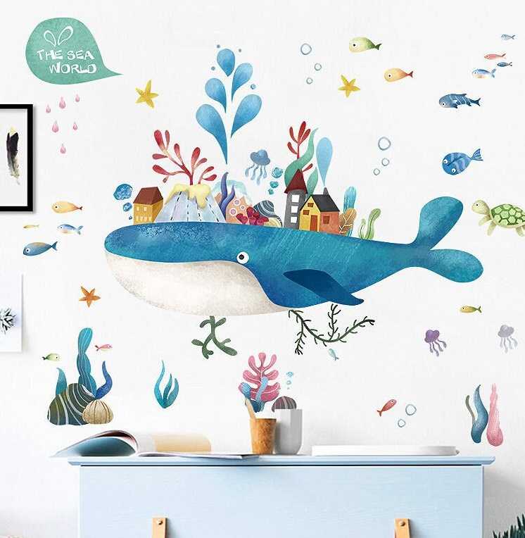 ChandeliersDecor.com-Kids Ocean Life Wall Decal with Whale Fish Octopus Turtles and Corals