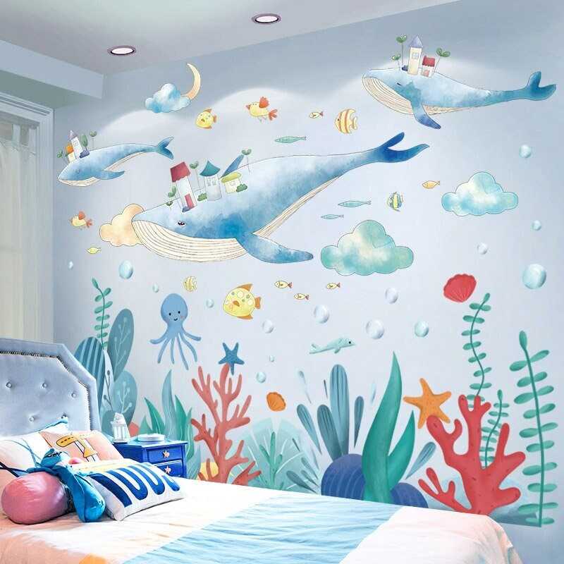ChandeliersDecor.com-Kids Ocean Life Wall Decal with Whale Fish Octopus Turtles and Corals