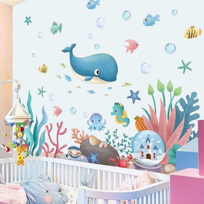 ChandeliersDecor.com-Kids Ocean Life Wall Decal with Whale Fish Octopus Turtles and Corals