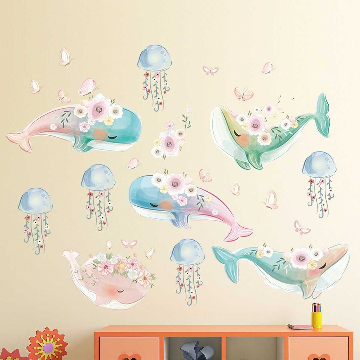 ChandeliersDecor.com-Kids Ocean Life Wall Decal with Whale Fish Octopus Turtles and Corals