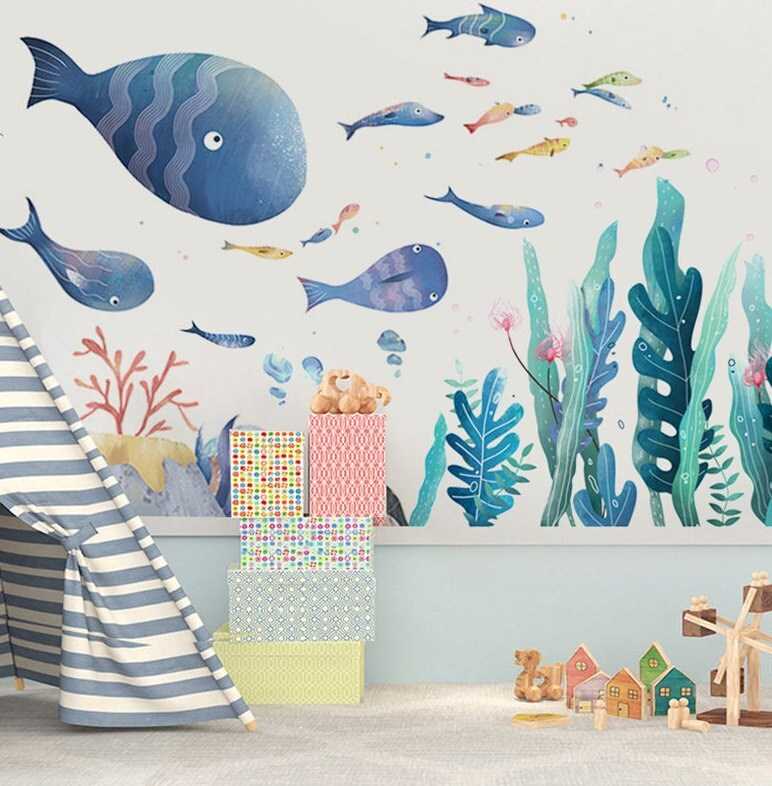 ChandeliersDecor.com-Kids Ocean Life Wall Decal with Whale Fish Octopus Turtles and Corals