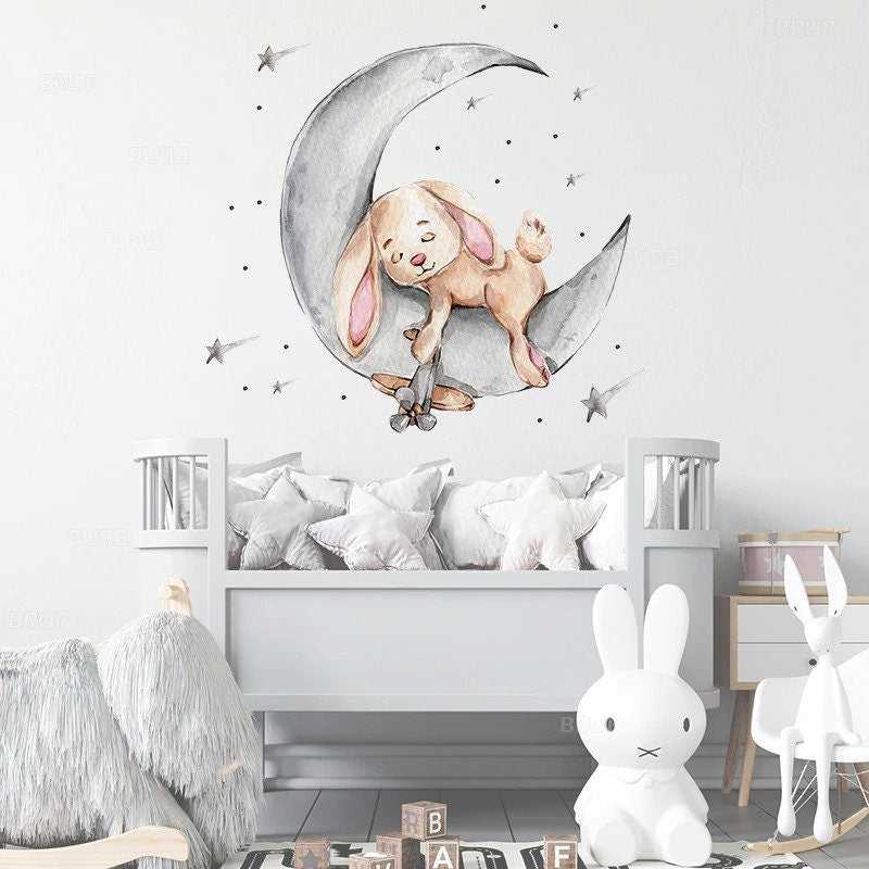 ChandeliersDecor.com-Kids Room Wall Decals - Teddy Bear and Rabbit on the Moon