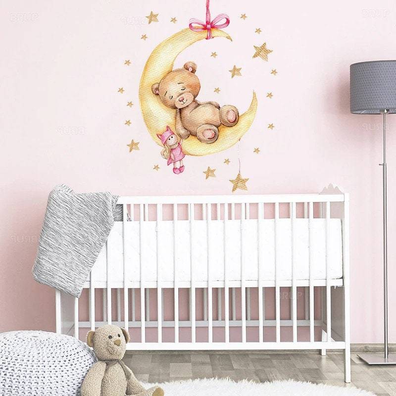 ChandeliersDecor.com-Kids Room Wall Decals - Teddy Bear and Rabbit on the Moon