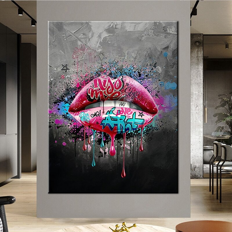 ChandeliersDecor.com-Wall Posters-Kiss me Pink Lips Graffiti Art - Stunning Lips Art Design