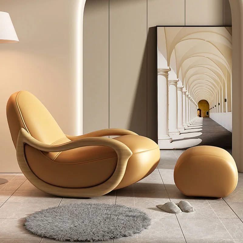 ChandeliersDecor.com-Sofa Chairs and Stools-Leather Rocking Chair Nested in Oak Wood