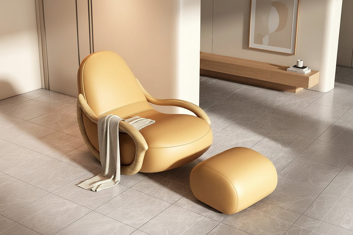 Leather Rocking Chair Nested in Oak Wood-ChandeliersDecor.com