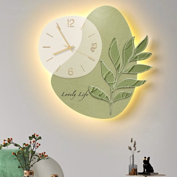 LED Lights Glowing Green Leaf Wall Clock-ChandeliersDecor.com
