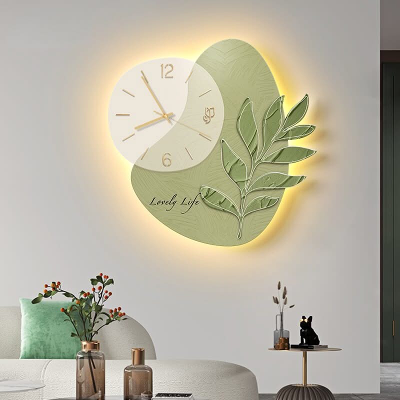 LED Lights Glowing Green Leaf Wall Clock-ChandeliersDecor.com