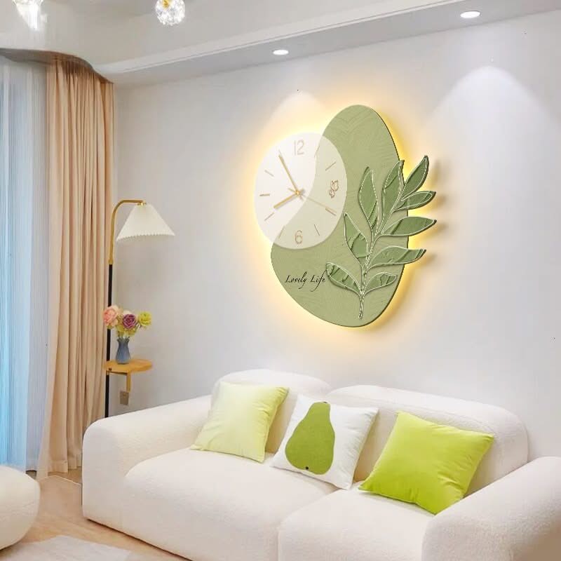 LED Lights Glowing Green Leaf Wall Clock-ChandeliersDecor.com