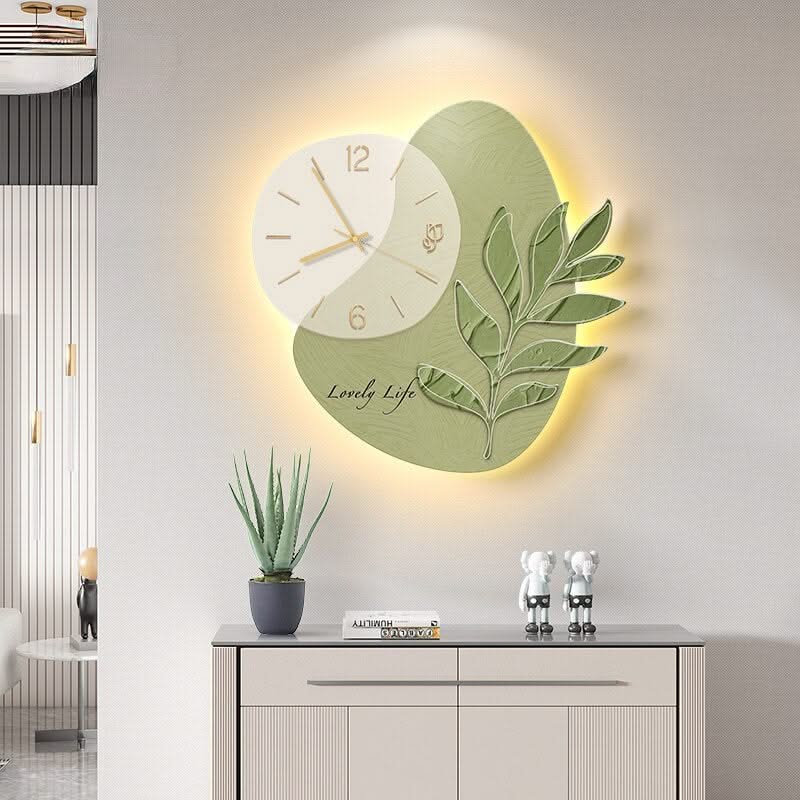 LED Lights Glowing Green Leaf Wall Clock-ChandeliersDecor.com