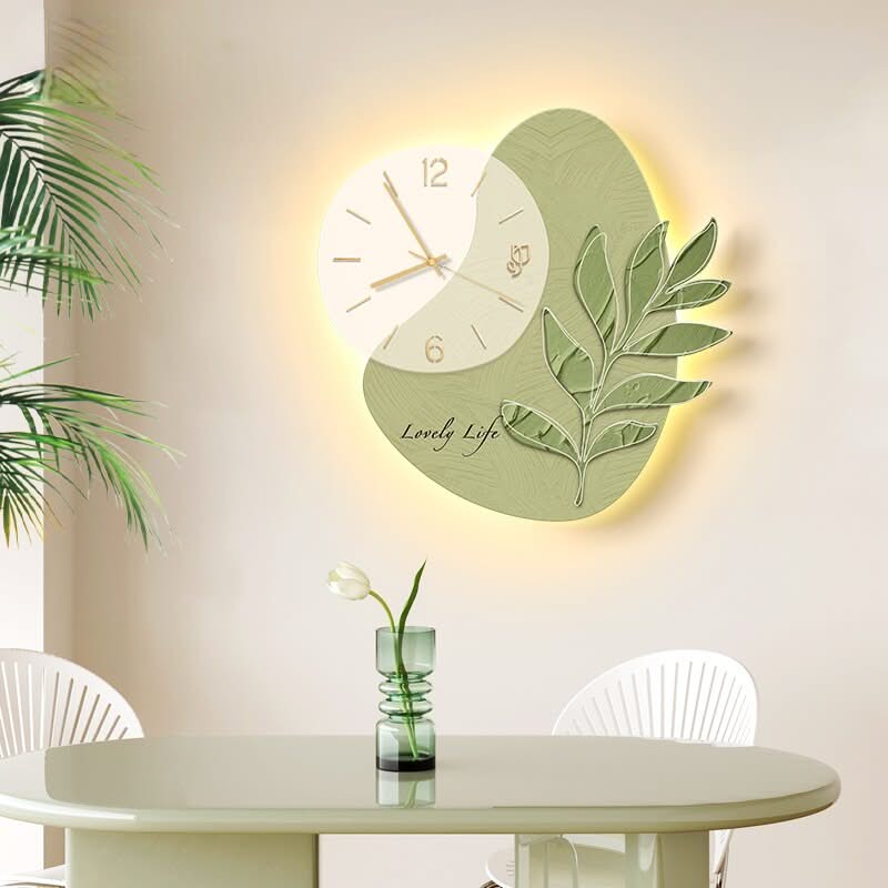 LED Lights Glowing Green Leaf Wall Clock-ChandeliersDecor.com