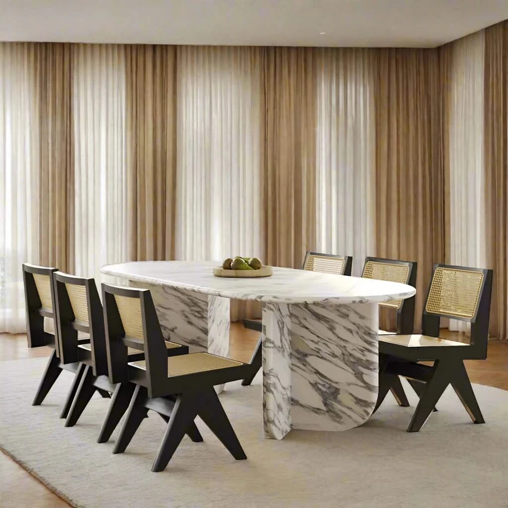Luxury White Polished Finish Marble Dining Table Set-ChandeliersDecor.com