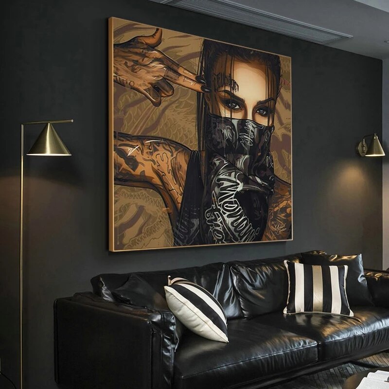 ChandeliersDecor.com-Wall Posters-Modern Black Girl with Tattoo Canvas Wall Art