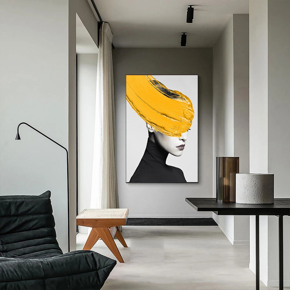 ChandeliersDecor.com-Wall Posters-Modern Black Women With Yellow Hat Canvas Wall Art